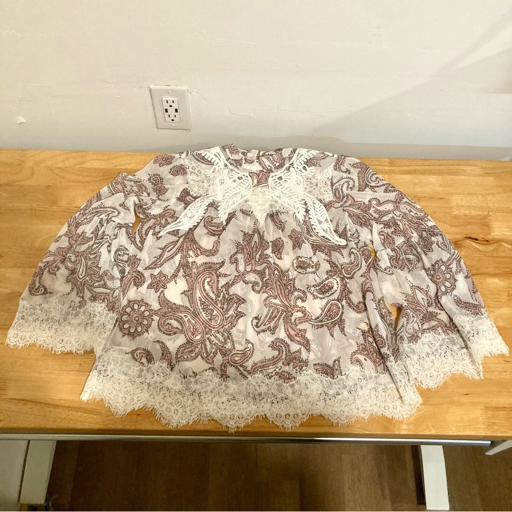 Loft Bohemian Sheer Bell Sleeve Lacy Blouse Paisley Pink Purple Off-White Small - Picture 9 of 16